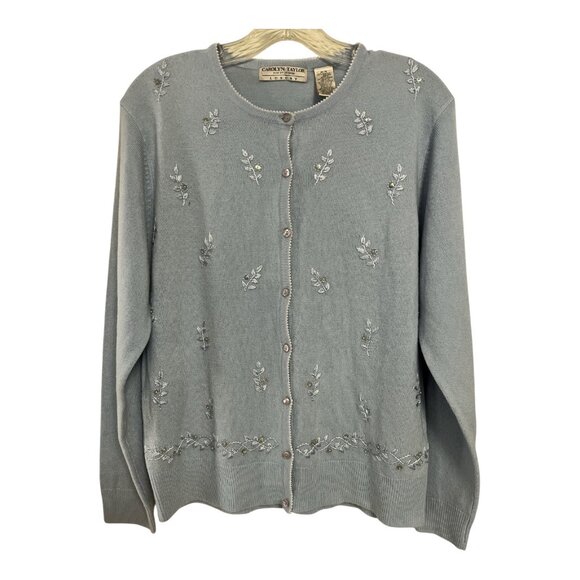 Carolyn Taylor Luxury Women’s Medium Blue Cardigan Sweater Embroidered Beaded Fl - Picture 1 of 7